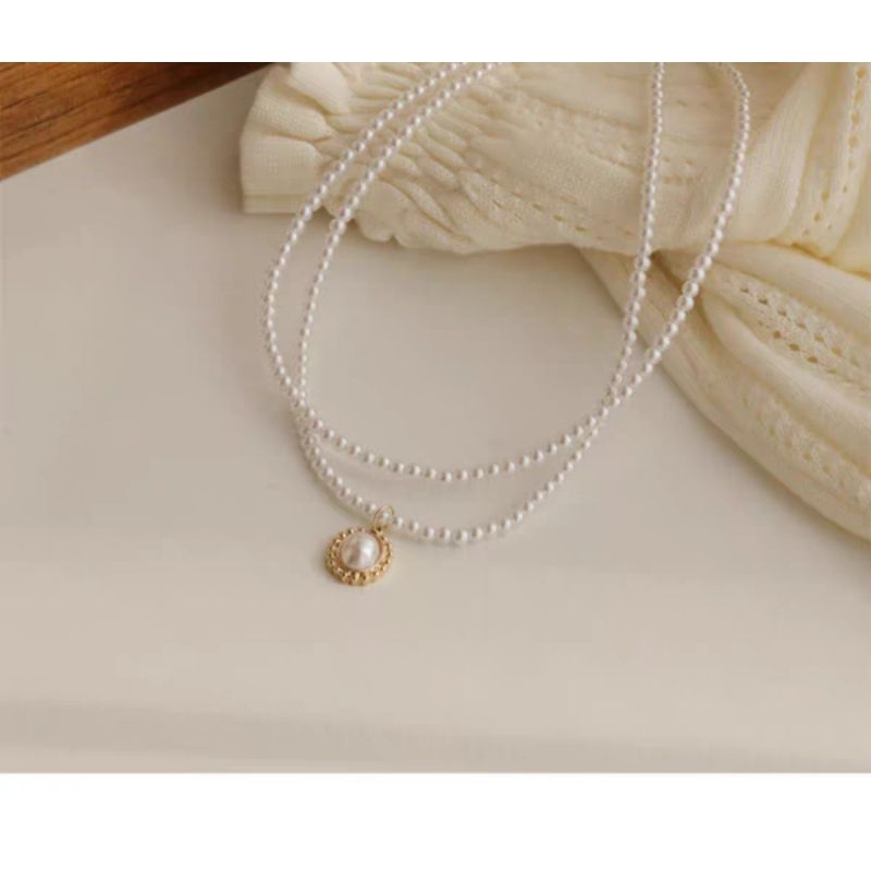 Kalung Liontin Mutiara Necklace Mutiara Simple Permata Putih 2 Layer