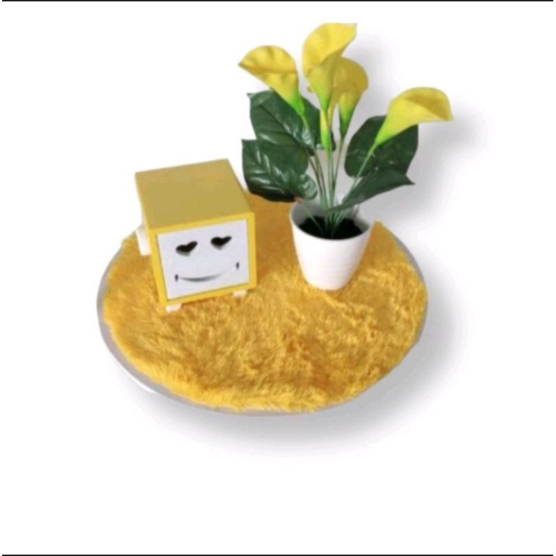 Taplak meja bulu rasfur bulat/bundar kecil motif polos ukuran 50cm