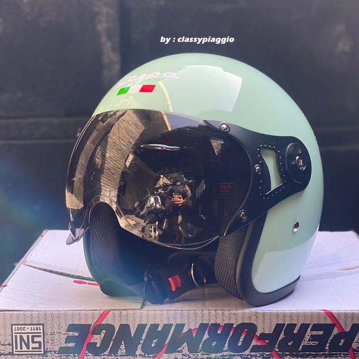 Helm Vespa Retro Italy Green Relax + Visor