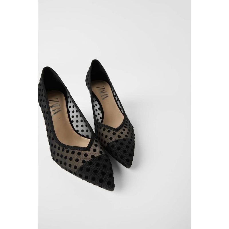 Sepatu Jaring Bintik Hak Tinggi Wanita ZR Mesh Polkadot High Heels 7cm Premium Import, Hitam Black, 