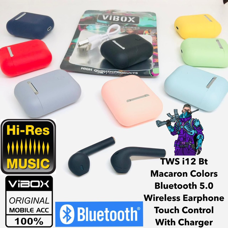 Vibox i12 BT macaron Warna TWS Bluetooth 5.0 Earphone Earbud Olahraga Wireless Earphones Nirkabel Headset With Mic Promo Sen