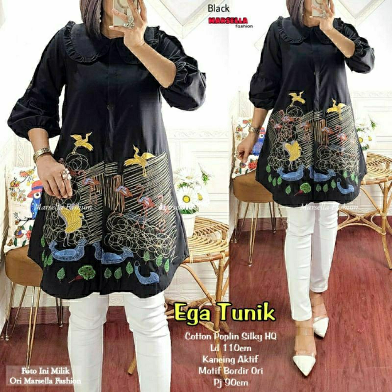 Ega Tunik, TUNIK WANITA MUSLIM CANTIK FIT XXL LD 110 BAHAN KATUN POPLIN SILKY MIX BORDIR KANCING AKTIF TERMURAH OOTD KEKINIAN TERLARIS