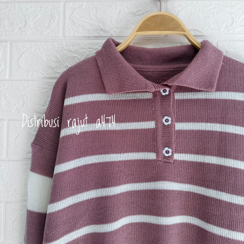 KEY KEY POLO SWEATER RAJUT KANCING MOTIP BLASTER STRIPE OVERSIZE ATASAN LENGAN PANJANG WANITA