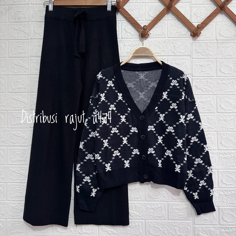 ONESET CARDIGAN RAJUT MLB MONOGRAM SETELAN CELANA KULOT JOGER WANITA