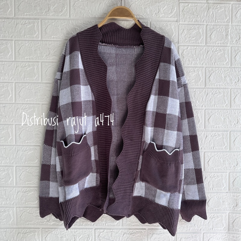 MORENA CARDIGAN RAJUT SAKU OVERSIZE MOTIF TARTAN ATASAN LENGAN PANJANG WANITA