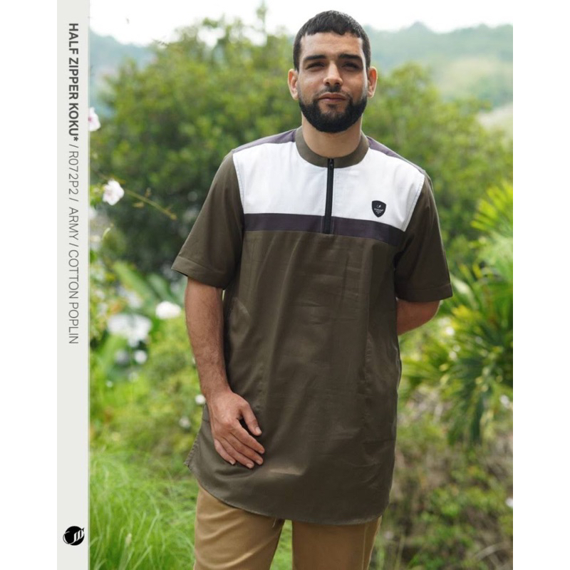 R072P SAMASE HALF ZIPPER KOKU ARMY KEMEJA KOKO KURTA MUSLIM PRIA LEBARAN