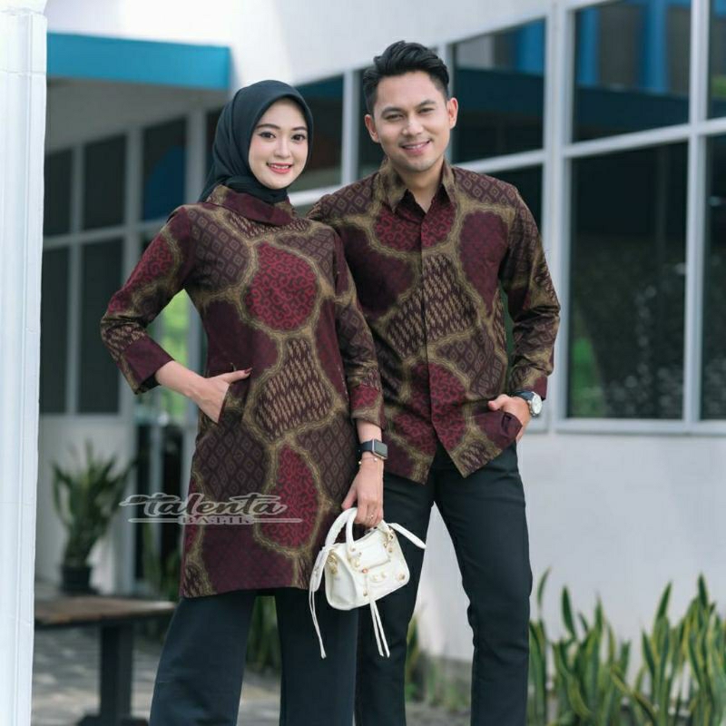 Batik couple sarimbit pria &amp; wanita batik bahan katun lapis furing size reguler sekar maron