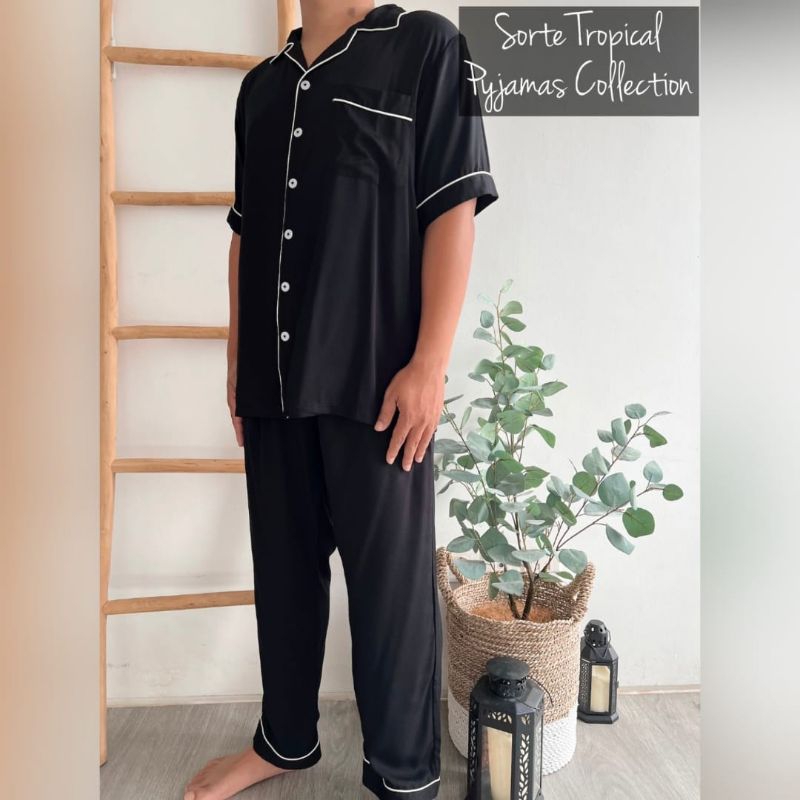 Baju Tidur Pria Piyama Set Polos Katun Rayon Casual Hitam Lengan Pendek Celana Panjang