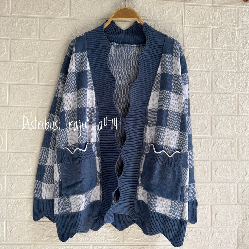 MORENA CARDIGAN RAJUT SAKU OVERSIZE MOTIF TARTAN ATASAN LENGAN PANJANG WANITA