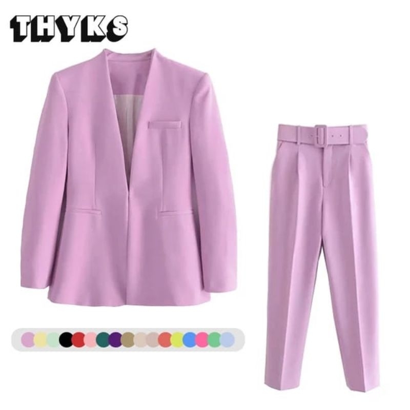 Setelan Blazer Wanita Tanpa Sabuk Korean Style Premium - Setcel Jas Kantor Elegan Kekinian - Blazer 