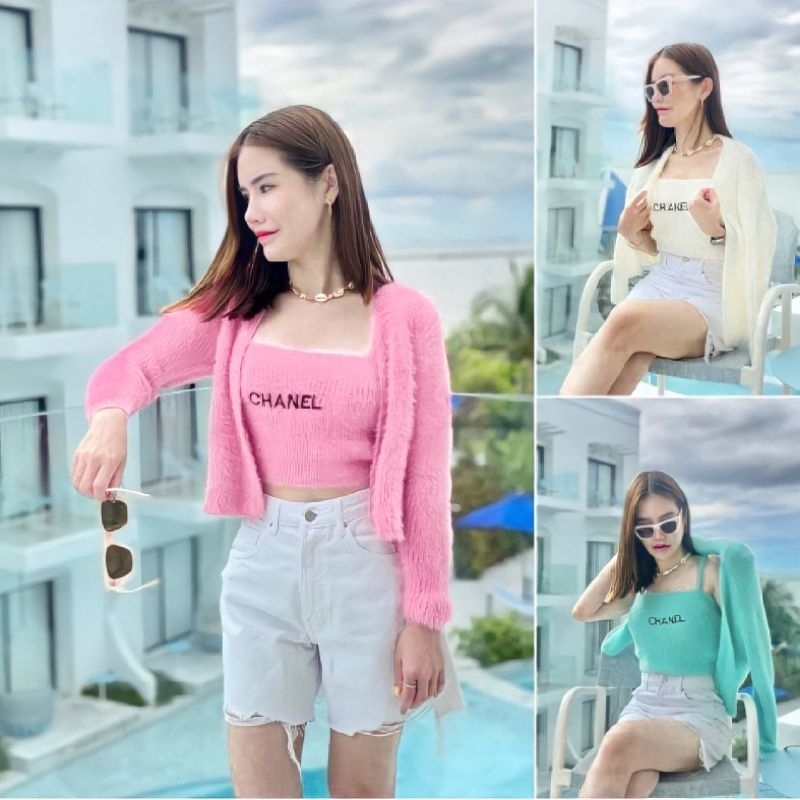 【Import BKK】Woman C Knit Fury Set Cropped 2in1 (TankTop & Bolero Cardigan) setelan rajut bulu wanita