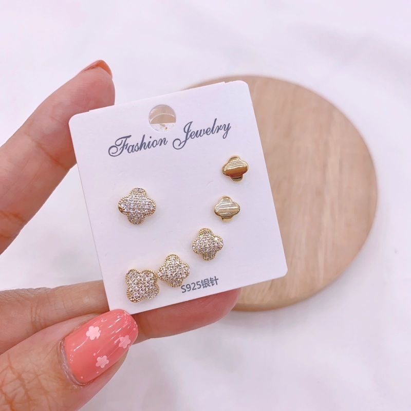 Anting Silver925 Perak isi 3 set anting  mata tanam kilau mirip emas asli Premium Quality Anti Karat anti alergi S67