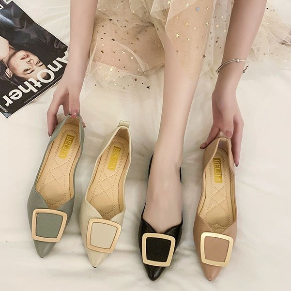 Sepatu Wanita Kekinian Flat Point Toe Shallow Mouth Ballerina Leather Shoes/ Flatshoes Wanita 5191 (36-40)