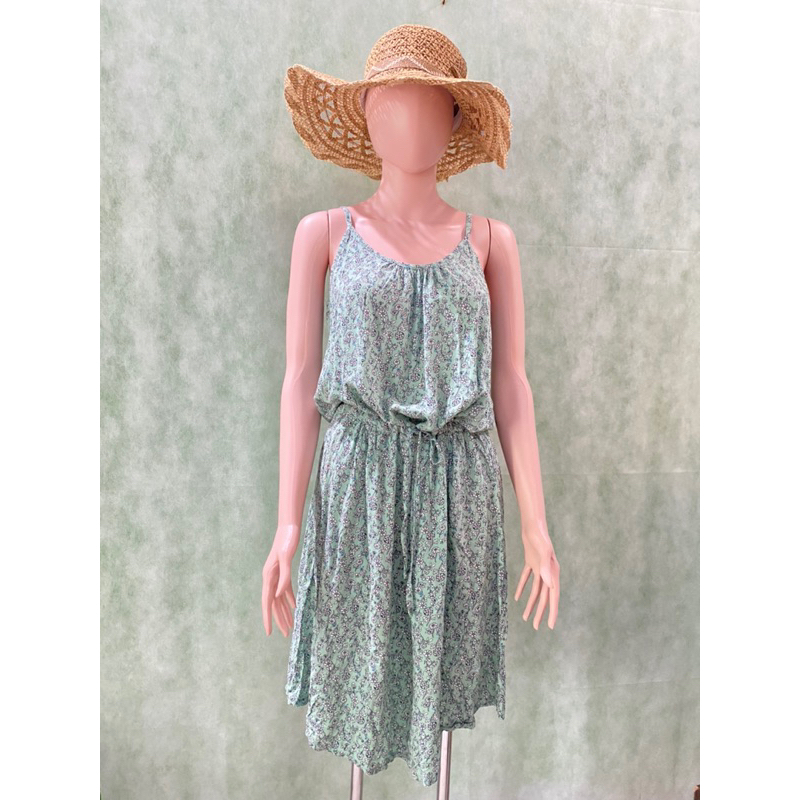 Preloved/Thrift home dress katun tali satu hijau tosca motif floral Korean Style