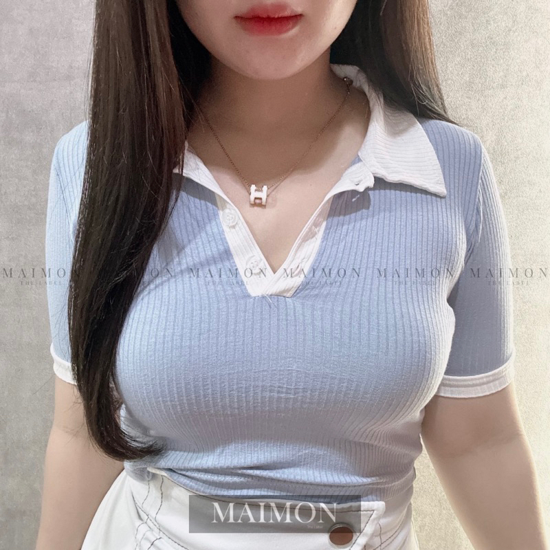 Two Tone Polo Shirt | Atasan Crop Korean Fashion | Maimon Grosir