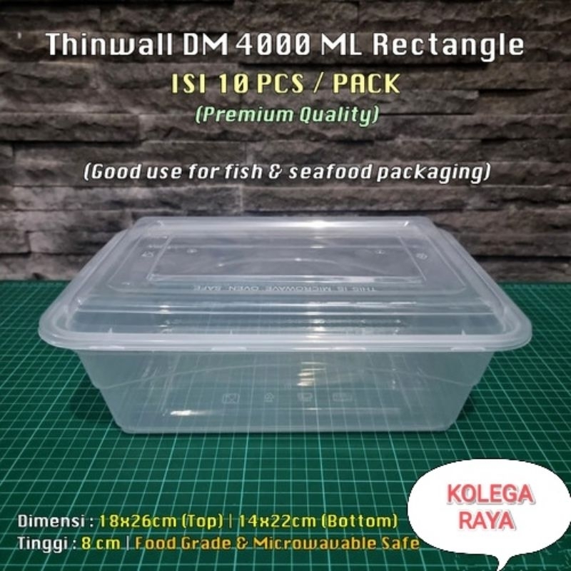 Kotak Makanan Plastik FoodGrade Thinwall DM 4000ML ISI 10PCS Alas dan Tutup