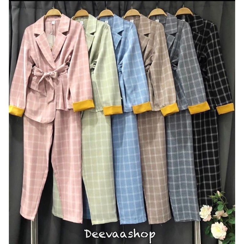 BJ - Set blazer 2 in 1 belt celana panjang motif kotak 208 import Bangkok | 369