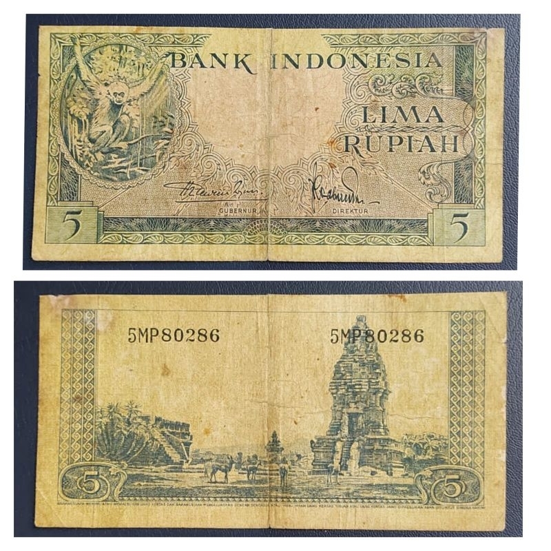 Uang Kuno Negara Indonesia 5 Rupiah series Hewan Kera Monyet tahun 1957 Kondisi AXF Renyah Dijamin O