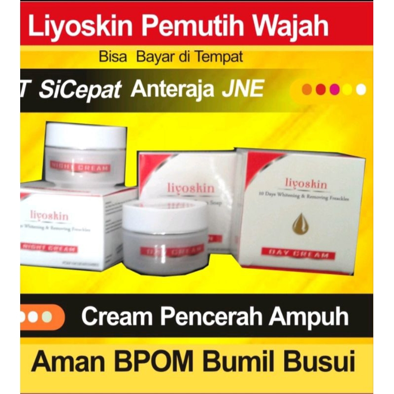 LIYOSKIN CREAM PAKET, Pencerah, flek hitam Day 15 g,night 15 g collagen soap 60 g