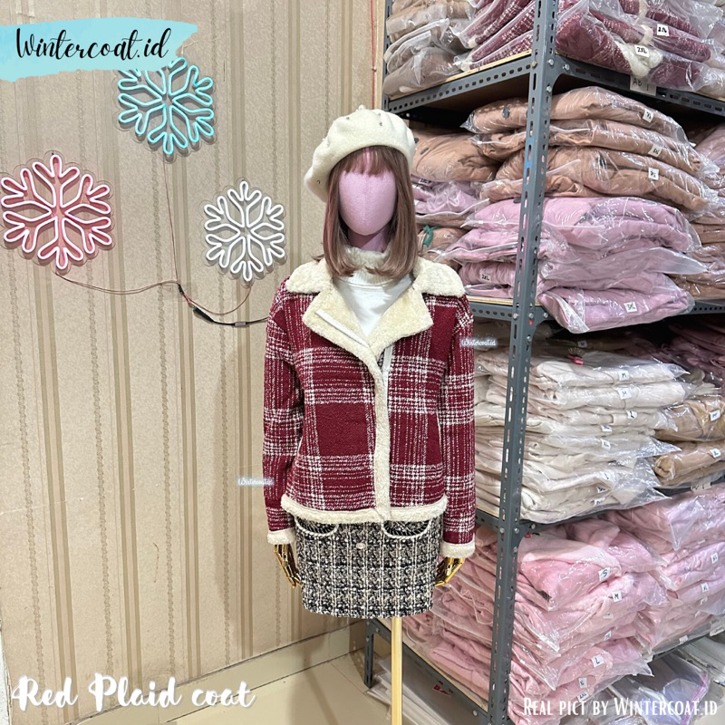 Fur coat wanita winter mantel bulu import hangat cewek rere red plaid jacket musim dingin