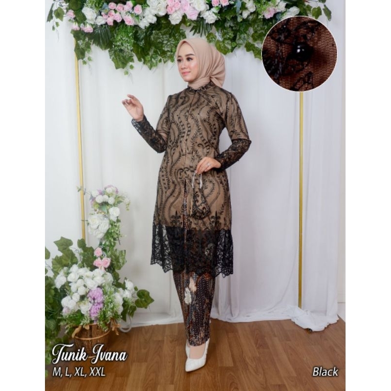 Queen busana Setelan tunik ivana tile bordir mutiara // Setelan rok kebaya // Atasan tunik kebaya //