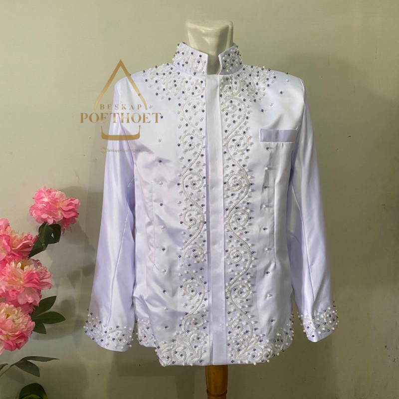 Baju pengantin pria Payet akad nikah putih set peci celana