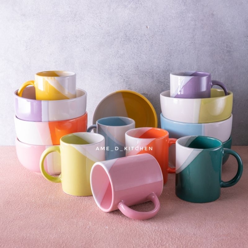 Paket  Mangkok keramik bulat 6" + mug keramik two tone 2 warna