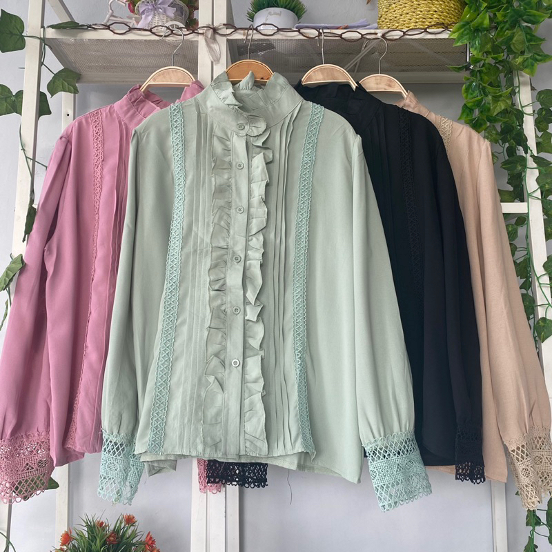 youngmoodis Lacey kemeja blouse brokat katun silk import 4 warna