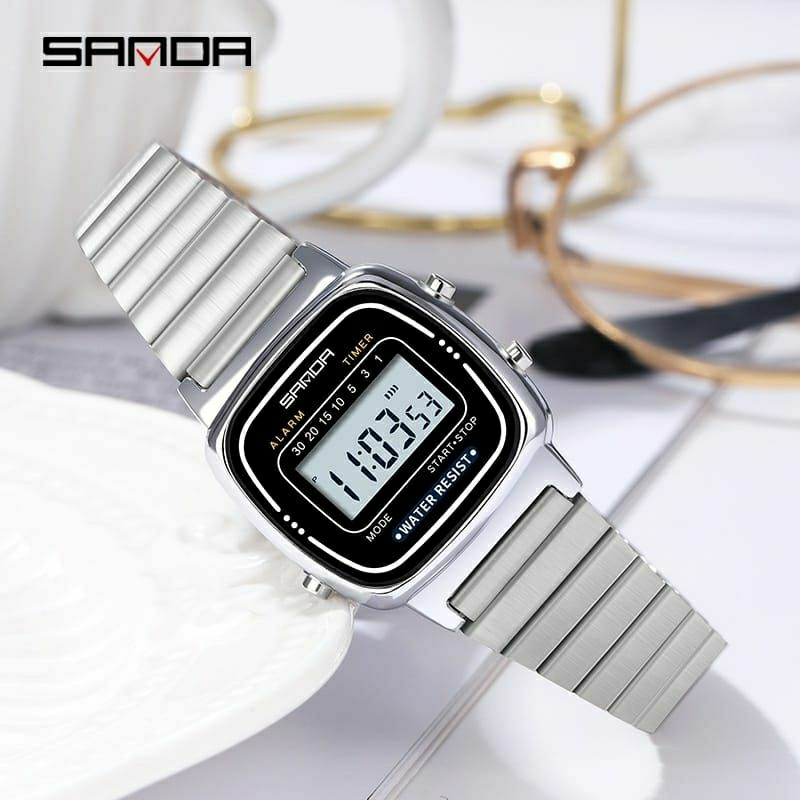 Jam Tangan SANDA 6053 Jam Tangan Wanita Digital EL Backlight Business Watch Stainless Steel