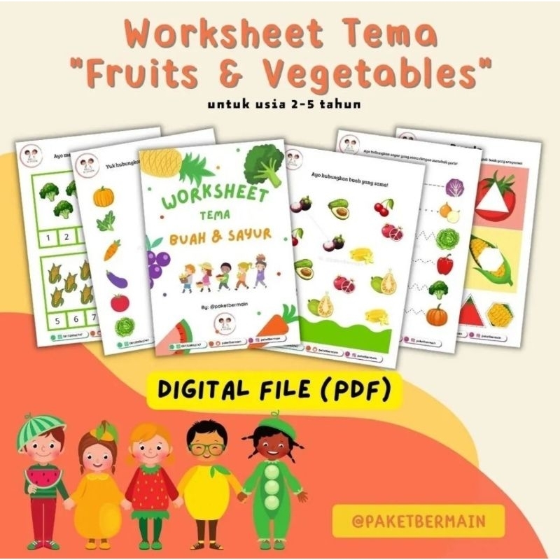 [PDF] 24 Halaman Worksheet tema Buah dan Sayur untuk anak usia 2-5 tahun/ PDF Worksheet Fruits and V