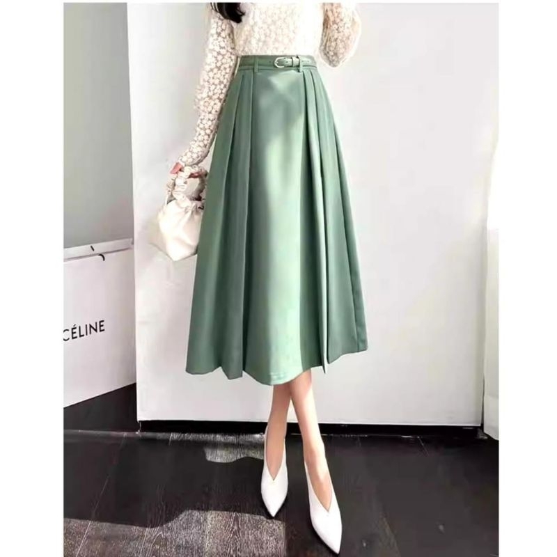 1966 Pakaian bawahan rok Midi skirt panjang polos lipat ngembang model gaya Korea terbaru Korean sty