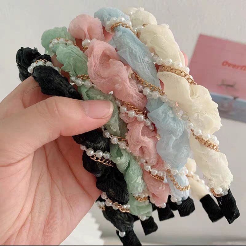 Bando Scrunchie Lilit Rantai Mutiara Bahan Sifon 2cm Korean Chiffon Pearl Headband Aksesoris Rambut Wanita Bando Korea Mutiara