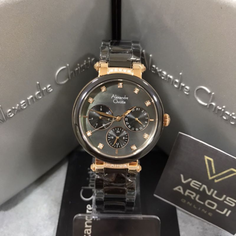 Jam Alexandre Christie AC 2376 BF BRG Wanita Rosegold Rantai Keramik Hitam Putih Bulat