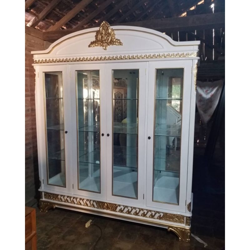 lemari hias kayu mahoni finishing duco putih elegan