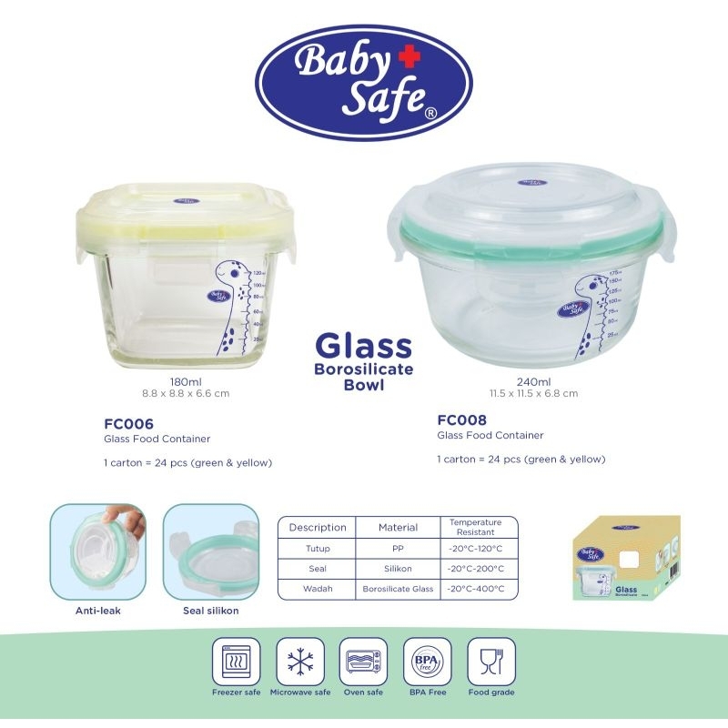 Baby Safe Food Container Glass Box FC002 FC003 FC04A FC005  FC006 FC008- Babysafe Wadah Tempat Mpasi Kaca Anak Bayi Bulat - Kotak Wadah Saos Anti Tumpah Mpasi bayi Plastic Plastik