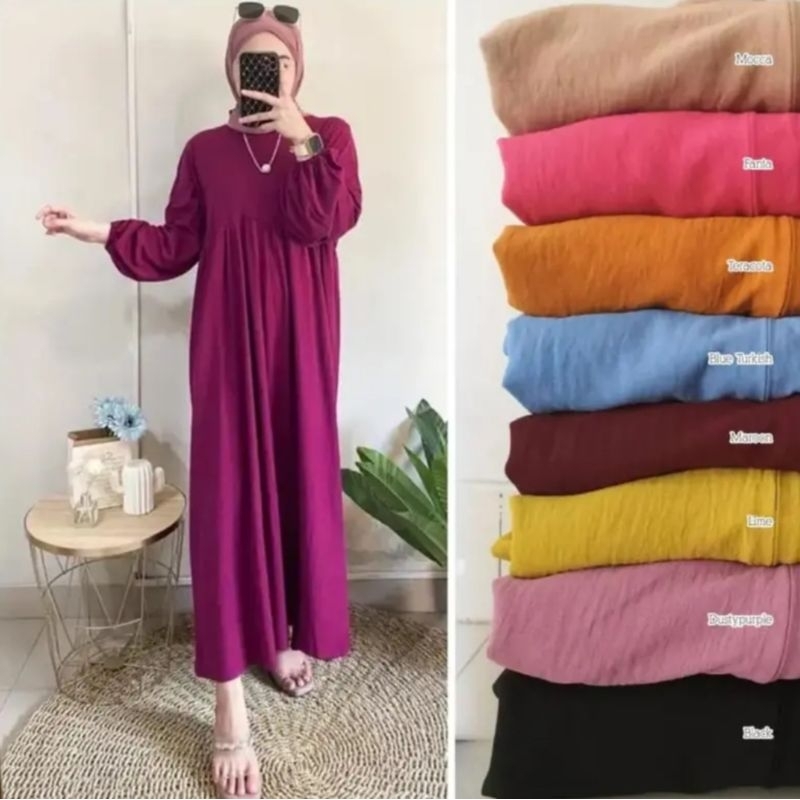 ALU • BALENA MIDI DRESS CRINKLE AIRFLOW PREMIUM GAMIS POLOS TANGAN BALON