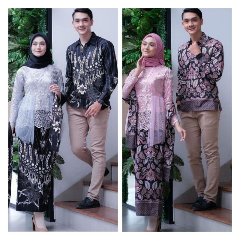 BATIK COUPLE SET ANNISA KEBAYA BROKAT TILLE MODERN ANAK MUDA warna baby pink dan abu kombinasi biru 