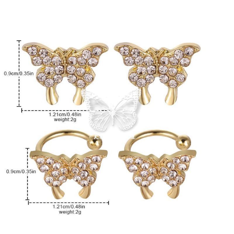 Aksesoris Fashion Korea 2pc Anting Zirkon Klip Kupu-Kupu Anting Tusuk Aksen Mutiara Silver Gold Butterfly Earing Anting tanpa tindik