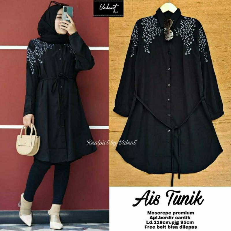 Ais Tunik, TUNIK WANITA MUSLIM CANTIK MODIS FIT XXL LD 118 BAHAN MOSCREPE PREMIUM MIX BORDIR TERMURAH KANCING AKTIF TERMURAH OOTD KEKINIAN TERLARIS