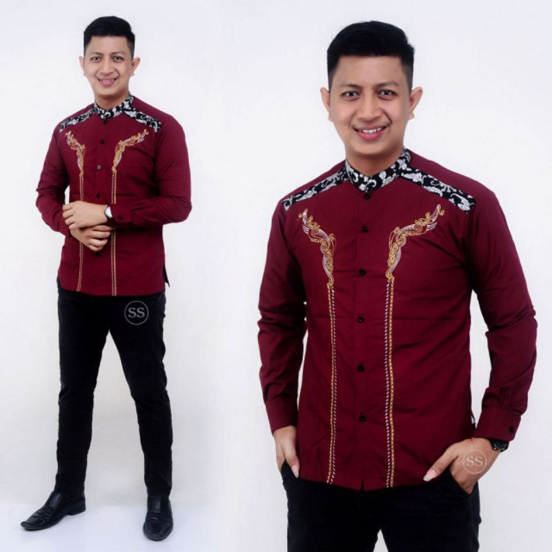 BAJU KOKO PRIA BORDIR KOMBINASI KEMEJA BATIK PRIA POLOS WARNA MERAH MARUN LENGAN PANJANG