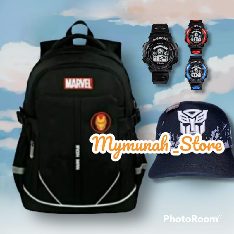 tas ransel anak laki laki karakter IRONMAN 3in1 jam dan topi