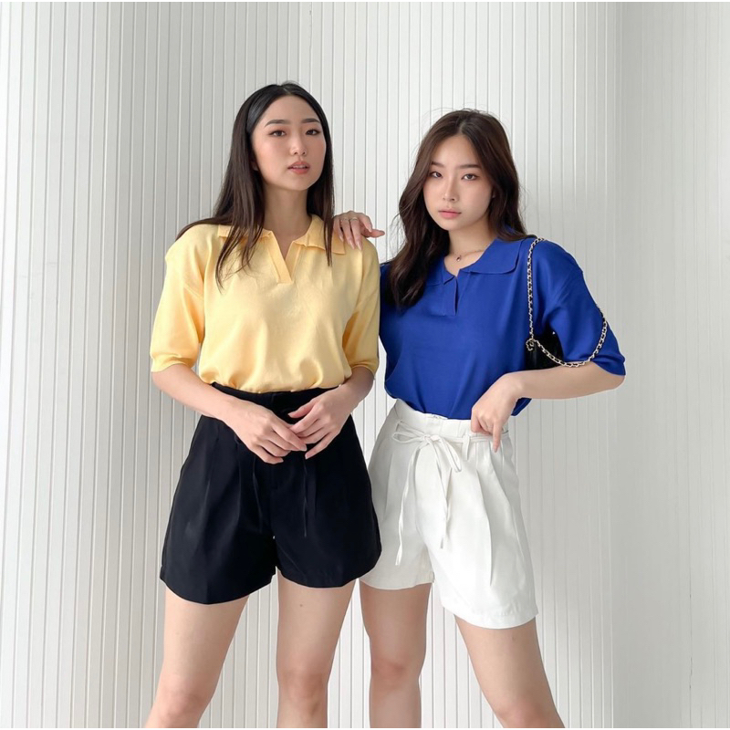 KEZIA LOOSE POLO TOP - SOFT KNIT POLO BASIC KOREA - INNER TOP - ATASAN TANGAN PENDEK - BAJU GARIS GARIS KOREA - BLOUSE RAJUT CASUAL WANITA - HADIAH / KADO ULTAH WANITA