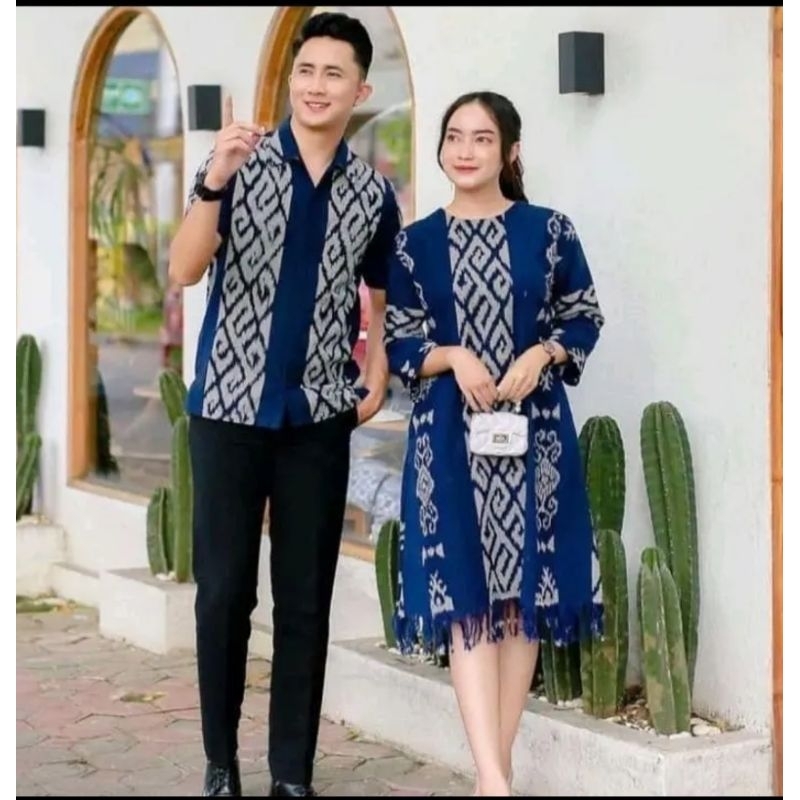 couple baju tenun motif toraja warna biru navy - baju pasangan Dress dan kemeka pria cocok buat acar