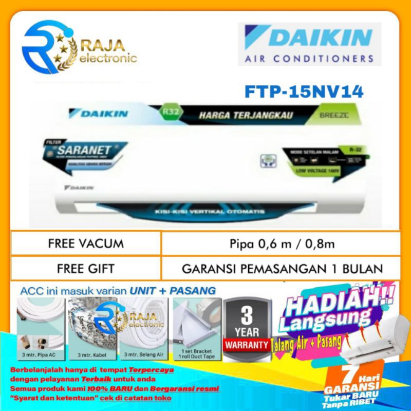 AC DAIKIN 1/2 PK FTP-15AV14 BREEZE NEW SERI MALAYSIA R32 + Instalasi Pemasangan