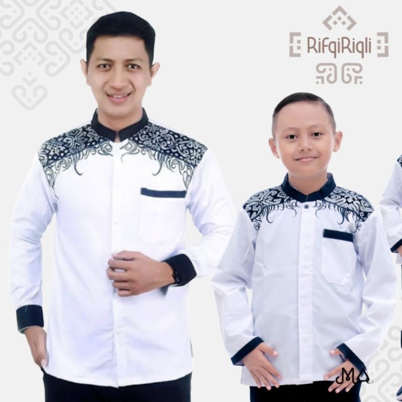 BAJU KOKO COUPLE AYAH ANAK MOTIF AKAR PUTIH