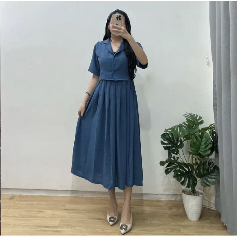 04569 MADIECA BUTTON COLLAR AIRFLOW LONG SKIRT SET ROK,