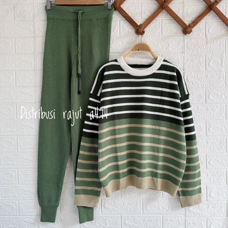 ONESET SWEATER TWIBY STRIPE SETELAN CELANA KULOT RAJUT DAN JOGER WANITA