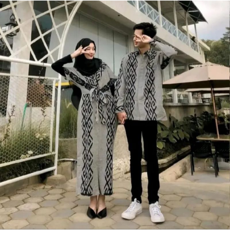 set couple clara dres dan kemeja ful Tenun nada etnik  fashion