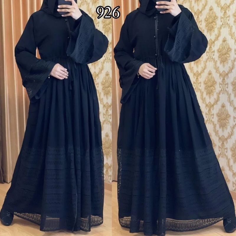 Abaya Hitam Polos Kombinasi Brokat Gamis Saudi Maxi Dress Jubah Wanita Fashion Muslim