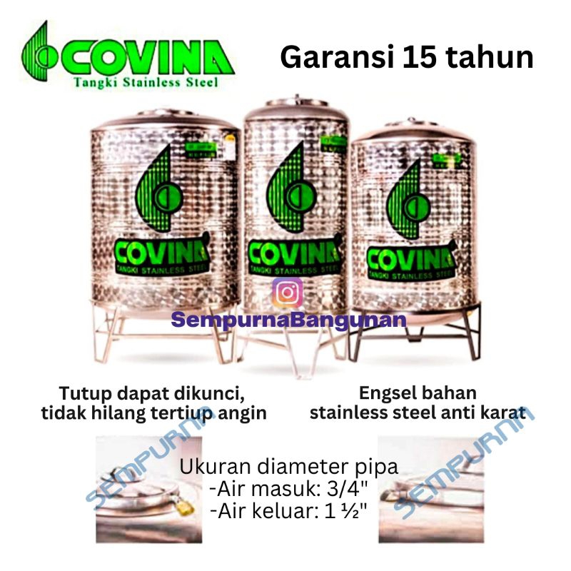Tandon tangki toren air stainless steel Covina CT-750 CT-1000 BK BKK 750 1000 liter